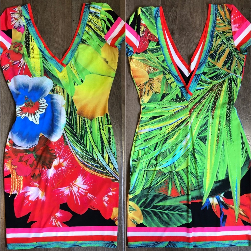 Roberto Cavalli Neon Print Tropical Floral Bodycon Dress